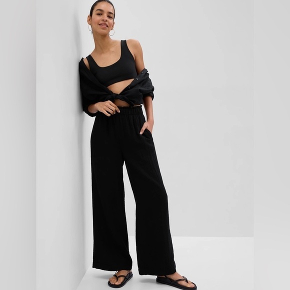 NWT! GAP Black Wide-Leg Gauzy Crinkle Pants Lightweight - Multiple 💎 - Picture 1 of 8